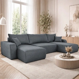 Narożnik z funkcją spania Fiesta U ciemny szary narożnik o ciekawym kształcie tkanina o pluszowej powierzchni pojemnik na pościel