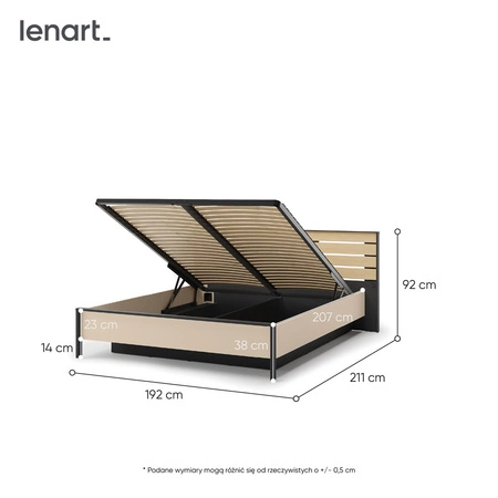 Łóżko Enna 160x200 cm beżowy / czarny / dąb natura komfortowe łóżko do sypialni z pojemnikiem zagłówek wzbogacony o oświetlenie LED