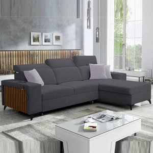 Narożnik z funkcją spania Kelly grafitowy prawostronny pleciony komfort i funkcjonalność bok narożnika wykończony lamelami