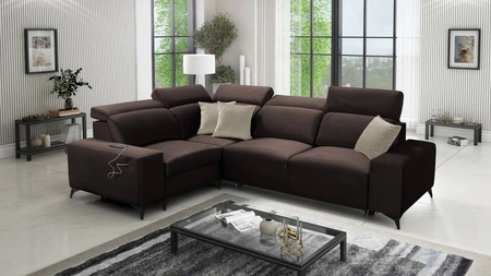 Narożnik z funkcją spania Kelly Sleek II brązowy lewostronny elegancki narożnik do salonu wykonany z miękkiej tkaniny typu velvet