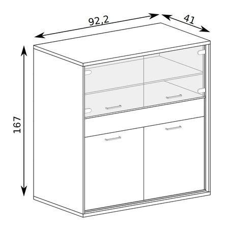Witryna niska Mediolan Plus 92 cm hikora gustowna witryna na metalowych nogach szuflada z systemem push to open bezpieczne szkło hartowane