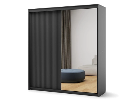 Szafa przesuwna z lustrem Trend 200 cm czarna stylowa szafa o nowoczesnym designie ryflowany front z subtelnym oświetleniem