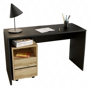 Biurko Agapi 130 cm czarne / dąb grand naturalny z szafką na kółkach stylowe oraz funkcjonalne do biura gabinetu lub pokoju młodzieżowego