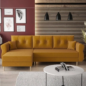 Narożnik z funkcją spania Wilkins musztardowy lewostronny stylowy i nowoczesny design wpisujący się w każdą aranżację