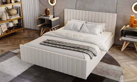 Łóżko tapicerowane Sobral 140x200 kremowe komfortowe łóżko z pojemnikiem na pościel gustowny zagłówek i zanóżek