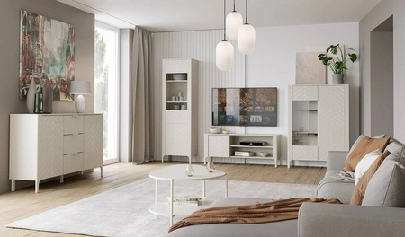 Komoda Malumi 103 cm beżowa elegancka i funkcjonalna komoda do nowoczesnych wnętrz subtelny wzór jodełki na frontach push to open