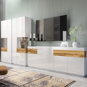 Meblościanka Silke biała / biały połysk / dąb wotan wyjątkowo stylowa meblościanka proste bryły wpisujące się w każde wnętrze