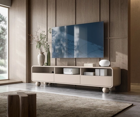 Szafka RTV Bion 180 cm beżowa nowoczesny design zaokrąglone linie szafki pod telewizor designerskie nogi w kształcie kul