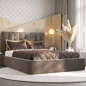Łóżko tapicerowane Rinus 160x200 z pojemnikiem jasny brąz w nowoczesnym skandynawskim stylu z wygodnym zagłówkiem