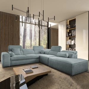 Narożnik z funkcją spania Viano IX szary błękit prawostronny stylowy narożnik z pojemnikami na pościel idealny mebel do dużego salonu