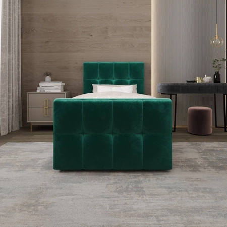 Łóżko kontynentalne Manhattan 120x200 butelkowa zieleń w nowoczesnym skandynawskim stylu z tapicerowanym zagłówkiem i zanóżkiem łóżko z pojemnikiem