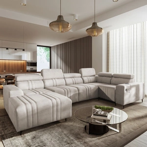 Narożnik z funkcją spania Castel IV beżowy lewostronny stylowy narożnik z pojemnikami na pościel i regulowanymi zagłówkami