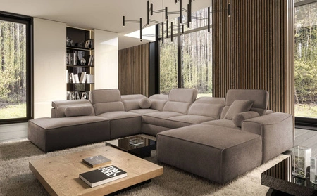 Narożnik z funkcją spania Viano X jasny brąz prawostronny designerski narożnik do salonu w nowoczesnym stylu regulowane zagłówki