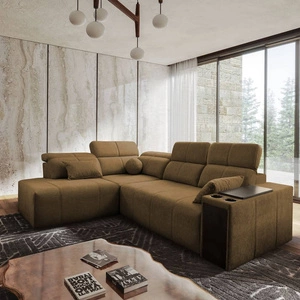 Narożnik z funkcją spania Tesalia VII brązowy lewostronny nowoczesny design komfortowe przesuwane oparcie szuflada w boczku mebla