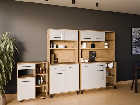 Kredens kuchenny Vento 119 cm dąb lancelot / biały połysk bufet do kuchni doskonały do aranżacji małego aneksu kuchennego w mieszkaniu