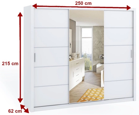 Szafa przesuwna z lustrem Rico 250 cm biała pojemna szafa do sypialni garderoby lub przedpokoju klasyczna forma o geometrycznych kształtach