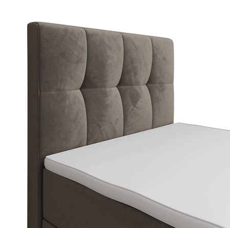 Łóżko kontynentalne Manhattan 90x200 jasny brąz w nowoczesnym skandynawskim stylu z tapicerowanym zagłówkiem i zanóżkiem łóżko z pojemnikiem