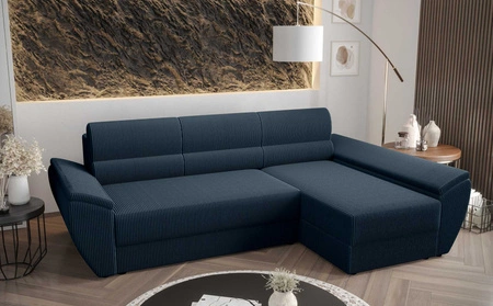 Narożnik z funkcją spania Fogu III niebieski prawostronny stylowy narożnik z podłokietnikami i pojemnikiem na pościel sztruksowa tkanina