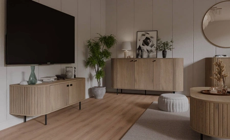 Komoda Ovalio 165 cm dąb cremona minimalistyczna forma dokonała komoda do salonu stylowy owalny kształt ozdobne frezowania na korpusie