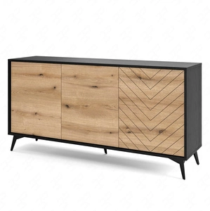 Komoda Gusto 154 cm czarna / dąb evoke funkcjonalna idealna do wnętrz w stylu nowoczesnym klasycznym i skandynawskim