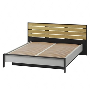 Łóżko Gris 160x200 cm szary / czarny / dąb natura komfortowe łóżko do sypialni z pojemnikiem zagłówek wzbogacony o oświetlenie LED