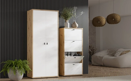 Szafka na buty Anter dąb artisan / biały funkcjonalna szafka do przedpokoju praktyczne 4 drzwi otwierane do dołu