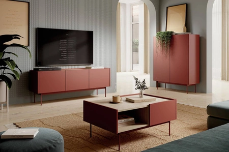 Szafka RTV Vellore 144 cm ceglasta oryginalny design bezuchwytowe fronty metalowe nogi w kolorze frontów szafki obniżony blat