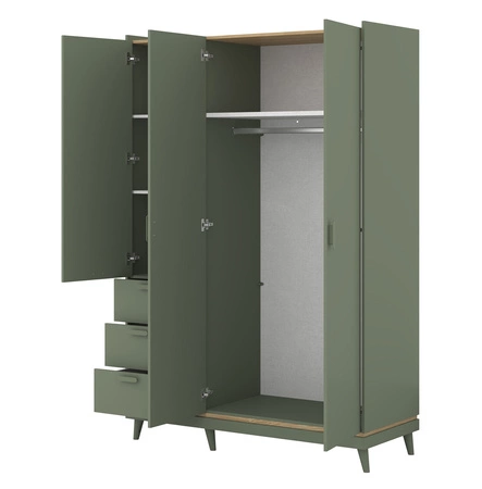 Szafa Scandia 144 cm zielona / dąb olejowany funkcjonalna szafa do sypialni lub pokoju nastolatka osadzona na wysokich nogach pojemne szuflady