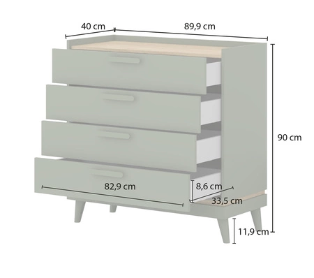Komoda z szufladami Scandia 90 cm zielona / dąb olejowany stylowy design komody osadzonej na wysokich nogach idealna do salonu lub pokoju nastolatka