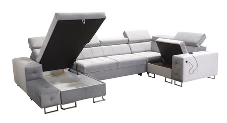 Narożnik z funkcją spania Hampton IV granatowy lewostronny funkcjonalny narożnik z dostawką która sprawdzi się jako podnóżek