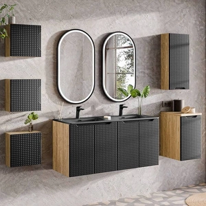 Zestaw mebli łazienkowych Luxor dąb olejowany / czarny designerskie szafki łazienkowe oryginalne trójwymiarowe ryflowania na frontach
