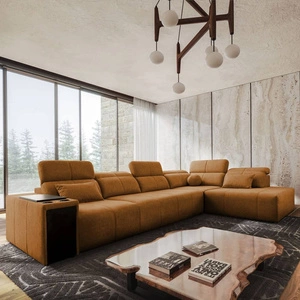 Narożnik z funkcją spania Tesalia XI miodowy prawostronny nowoczesny narożnik z komfortowym przesuwanym oparciem i pojemną szufladą