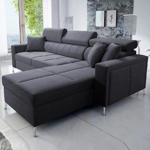 Narożnik z funkcją spania Nausa grafitowy prawostronny velvet stylowy komfortowy narożnik regulowane zagłówki pojemnik na pościel