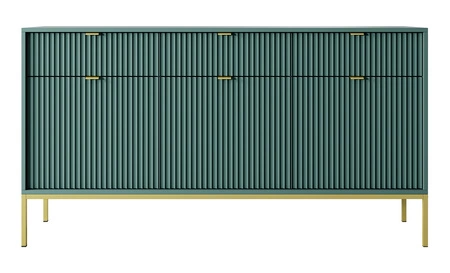 Komoda z szufladami Lovro 154 cm pastelowy zielony nowoczesny design zachwyci miłośników wyrazistych wnętrz złote metalowe dodatki
