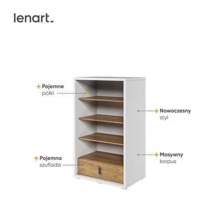 Regał Simi 85 cm biały / hikora naturalna stylowy szeroki regał wyposażony w szufladę o stabilnej konstrukcji i modnej kolorystyce