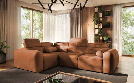 Narożnik z funkcją spania Cantare II ceglasty lewostronny komfortowy narożnik do salonu o stylowym charakterze miękka tkanina