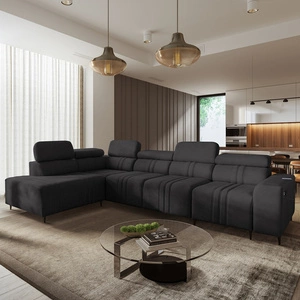 Narożnik z funkcją spania Castel XI grafitowy lewostronny komfortowy narożnik z pojemnikiem na pościel wytrzymała tkanina