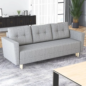 Kanapa rozkładana Telsze jasny szary elegancka sofa do salonu w skandynawskiej formie drewniane wysokie nogi pojemnik na pościel