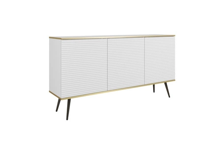 Komoda Luxury 160 cm biała elegancki design stylowe ryflowane fronty korpus komody zwieńczony złotą listwą czarne metalowe nogi