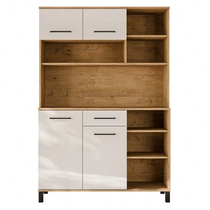 Kredens kuchenny Vento 119 cm dąb lancelot / biały połysk bufet do kuchni doskonały do aranżacji małego aneksu kuchennego w mieszkaniu