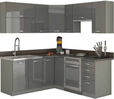Zestaw mebli kuchennych narożny Grey 170x190 cm fronty w połysku niepowtarzalny styl szafek dopasuje się do wnętrza każdej kuchni