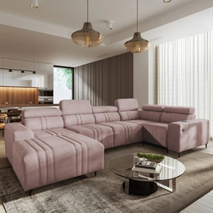 Narożnik z funkcją spania Castel IV różowy lewostronny stylowy narożnik z pojemnikami na pościel i regulowanymi zagłówkami