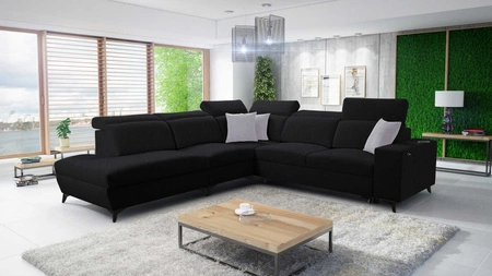 Narożnik z funkcją spania Kelly Sleek IX czarny lewostronny elegancki narożnik z wygodnymi podłokietnikami i regulowanymi zagłówkami