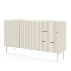 Komoda z szufladami Muti 147 cm beżowa stylowa komoda z designerskim ryflowaniem wysokie nogi podkreślają elegancką stylistykę