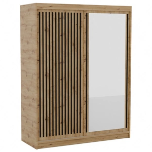 Szafa przesuwna z lustrem Delia 160 cm dąb artisan / czarny stylowa szafa z lamelami w kolorze drewna wpasuje się do każdej aranżacji