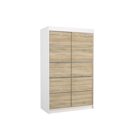 Szafa przesuwna Benisso 120 cm biały / dąb sonoma jasny praktyczna szafa do sypialni fronty wykończone poziomymi srebrnymi listwami