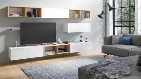 Meblościanka Apulia XXVI biały połysk / dąb złoty wyjątkowo stylowa meblościanka proste bryły wpisujące się w każde wnętrze