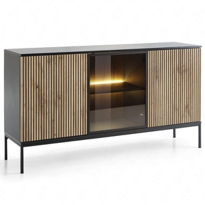 Komoda Amma 154 cm czarny / dąb wotan nietuzinkowy design przeszklony front komody z systemem push to open dekoracyjne lamele