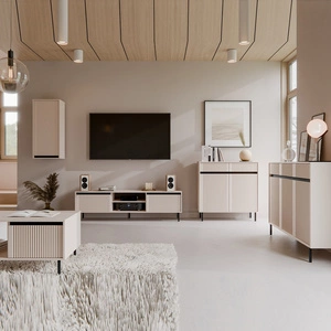 Zestaw mebli Osaka beżowy / czarny nowoczesny design podkreślony modną kolorystyką wysokie metalowe czarne nogi gustowny ryflowany front