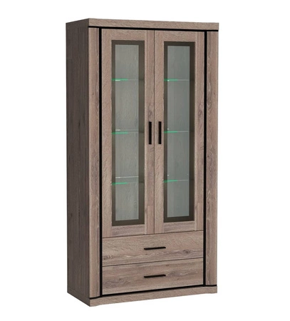 Witryna Dallas 97 cm dąb truflowy / czarny stylowa witryna z szufladami do salonu elementy z bezpiecznego szkła stylowe czarne uchwyty